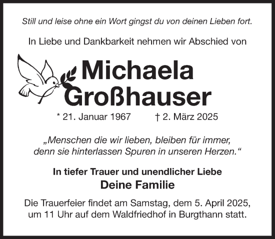 Traueranzeige von Michaela Großhauser von Der Bote