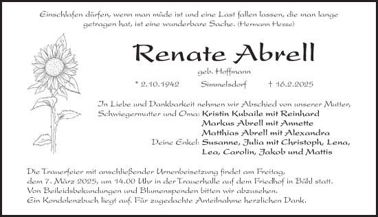 Traueranzeige von Renate Abrell von Pegnitz-Zeitung