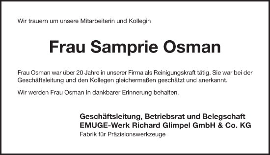 Traueranzeige von Samprie Osman von Pegnitz-Zeitung