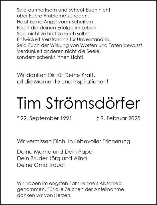 Traueranzeige von Tim Strömsdörfer von Hersbrucker Zeitung Lokal