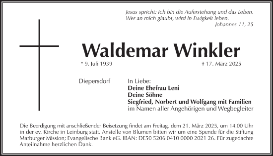 Traueranzeige von Waldemar Winkler von Pegnitz-Zeitung