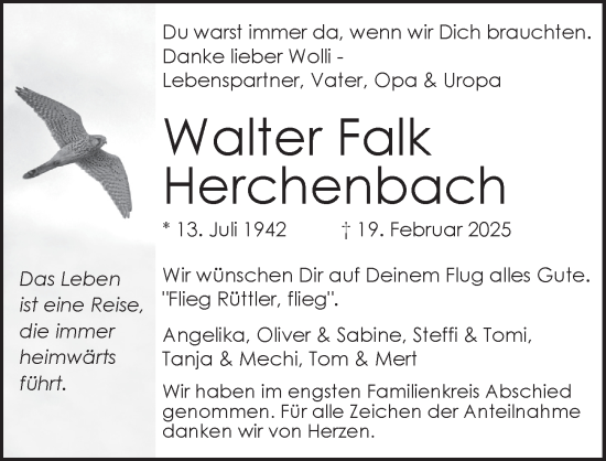 Traueranzeige von Walter Falk Herchenbach von Pegnitz-Zeitung