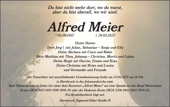 Traueranzeige von Alfred Meier von Hersbrucker Zeitung Lokal