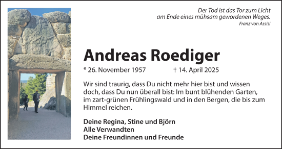 Traueranzeige von Andreas Roediger von Hersbrucker Zeitung Lokal