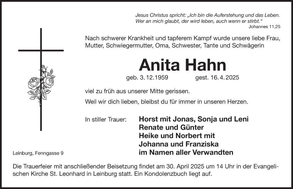  Traueranzeige für Anita Hahn vom 26.04.2025 aus Pegnitz-Zeitung