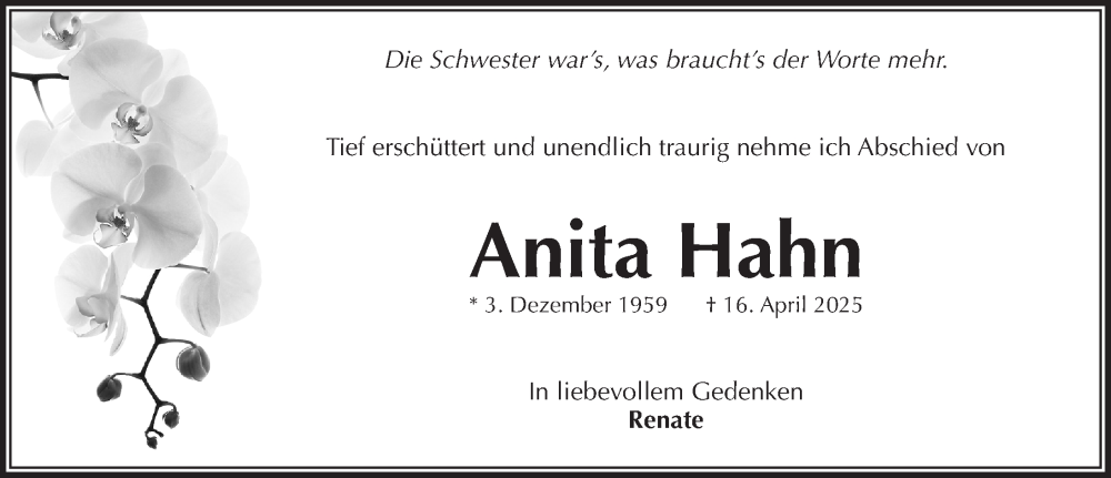  Traueranzeige für Anita Hahn vom 26.04.2025 aus Pegnitz-Zeitung