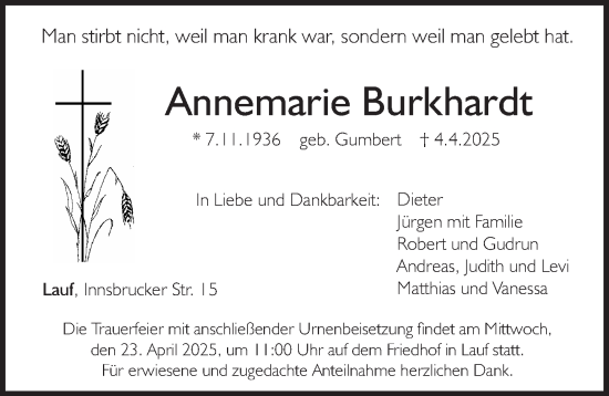 Traueranzeige von Annemarie Burkhardt von Pegnitz-Zeitung