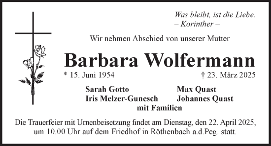 Traueranzeige von Barbara Wolfermann von Pegnitz-Zeitung