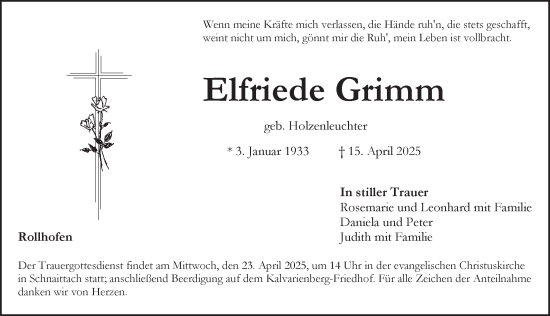 Traueranzeige von Elfriede Grimm von Pegnitz-Zeitung