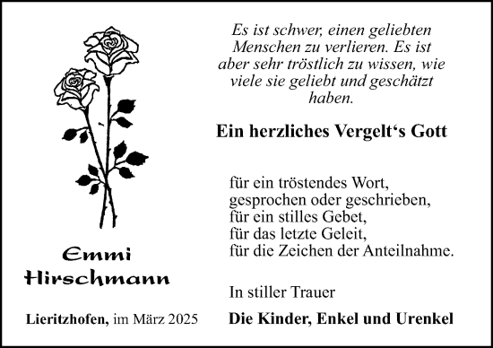 Traueranzeige von Emmi Hirschmann von Hersbrucker Zeitung Lokal