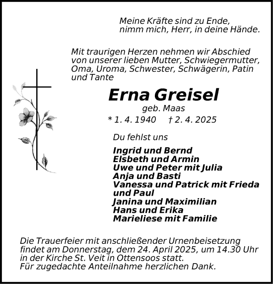 Traueranzeige von Erna Greisel von Pegnitz-Zeitung