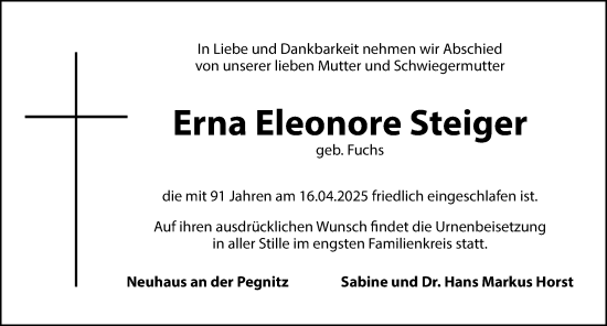 Traueranzeige von Erna Eleonore Steiger von Hersbrucker Zeitung Lokal