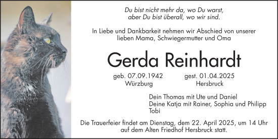 Traueranzeige von Gerda Reinhardt von Hersbrucker Zeitung Lokal