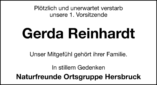 Traueranzeige von Gerda Reinhardt von Hersbrucker Zeitung Lokal