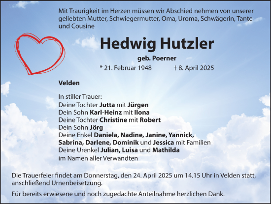 Traueranzeige von Hedwig Hutzler von Hersbrucker Zeitung Lokal