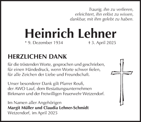 Traueranzeige von Heinrich Lehner von Pegnitz-Zeitung