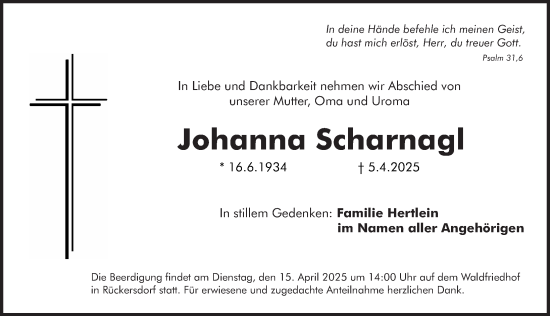 Traueranzeige von Johanna Scharnagl von Pegnitz-Zeitung