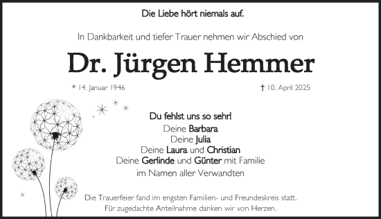 Traueranzeige von Jürgen Hemmer von Pegnitz-Zeitung