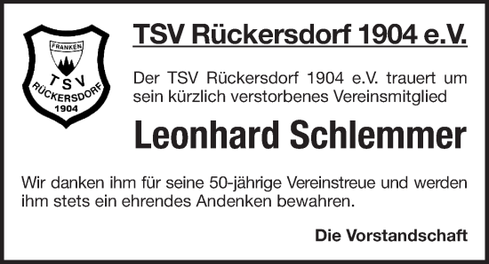 Traueranzeige von Leonhard Schlemmer von Pegnitz-Zeitung