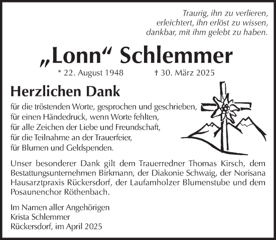 Traueranzeige von Lonn Schlemmer von Pegnitz-Zeitung