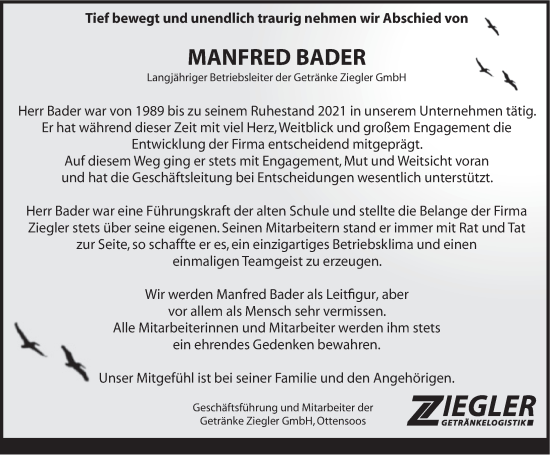 Traueranzeige von Manfred Bader von Pegnitz-Zeitung