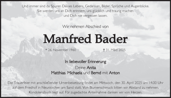Traueranzeige von Manfred Bader von Pegnitz-Zeitung