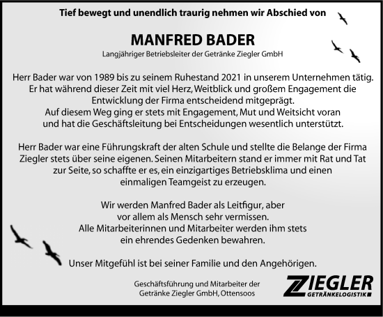 Traueranzeige von Manfred Bader von Hersbrucker Zeitung Lokal