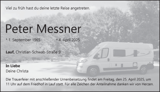 Traueranzeige von Peter Messner von Pegnitz-Zeitung
