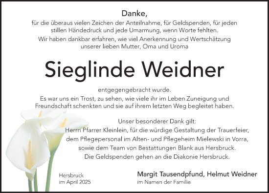 Traueranzeige von Sieglinde Weidner von Hersbrucker Zeitung Lokal