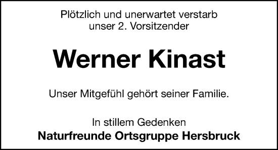 Traueranzeige von Werner Kinast von Hersbrucker Zeitung Lokal