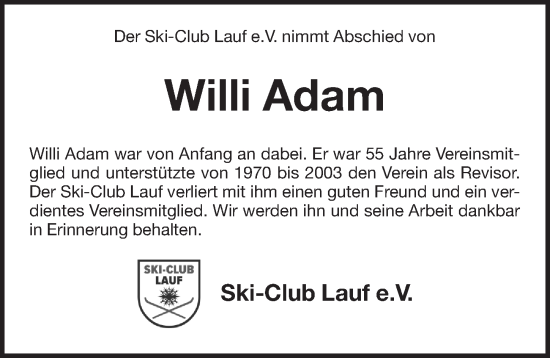 Traueranzeige von Willi Adam von Pegnitz-Zeitung