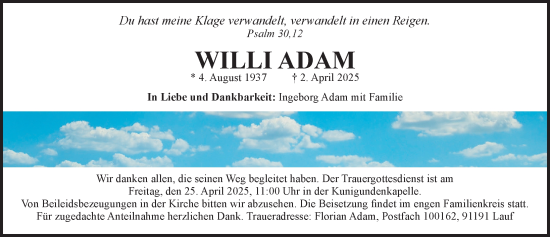 Traueranzeige von Willi Adam von Pegnitz-Zeitung