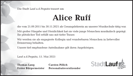 Traueranzeige von Alice Ruff von Pegnitz-Zeitung