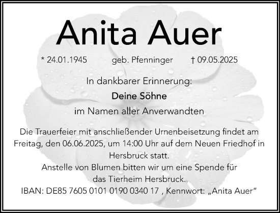 Traueranzeige von Anita Auer von Hersbrucker Zeitung Lokal