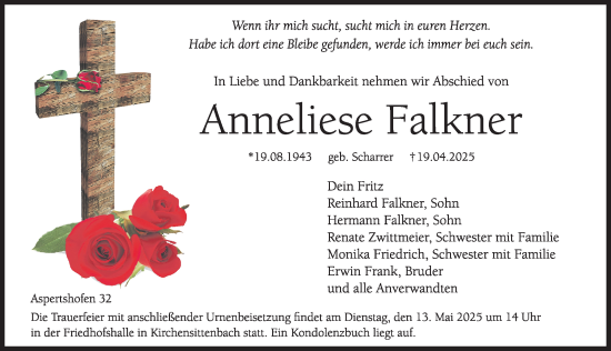 Traueranzeige von Anneliese Falkner von Hersbrucker Zeitung Lokal
