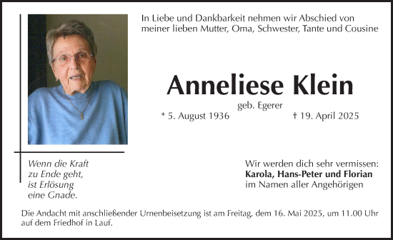 Traueranzeige von Anneliese Klein von Pegnitz-Zeitung