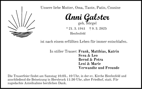 Traueranzeige von Anni Galster von Hersbrucker Zeitung Lokal