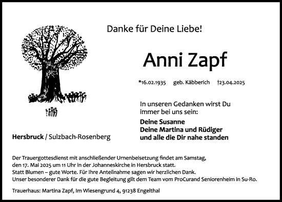 Traueranzeige von Anni Zapf von Hersbrucker Zeitung Lokal