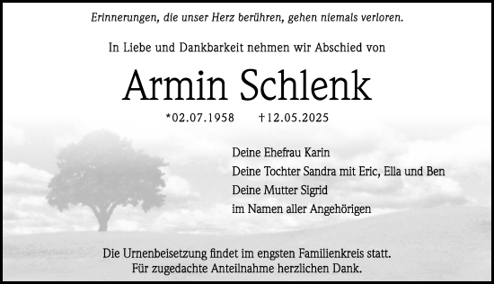 Traueranzeige von Armin Schlenk von Hersbrucker Zeitung Lokal