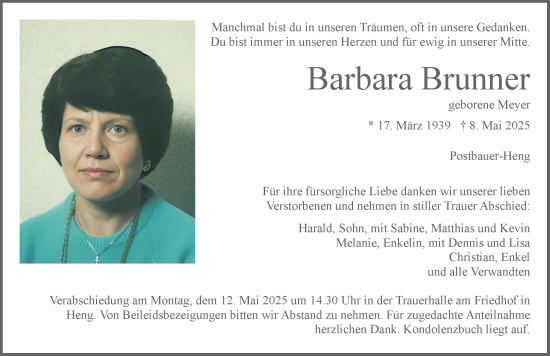 Traueranzeige von Barbara Brunner von Der Bote