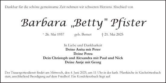 Traueranzeige von Barbara Pfister von Pegnitz-Zeitung