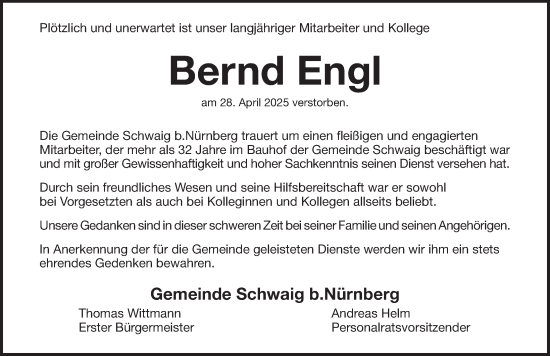 Traueranzeige von Bernd Engl von Pegnitz-Zeitung