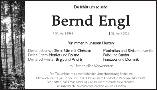 Traueranzeige von Bernd Engl von Pegnitz-Zeitung