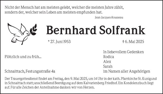 Traueranzeige von Bernhard Solfrank von Pegnitz-Zeitung
