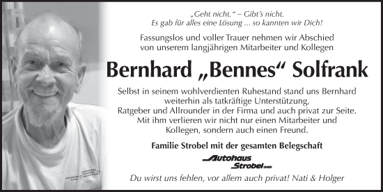 Traueranzeige von Bernhard Solfrank von Pegnitz-Zeitung