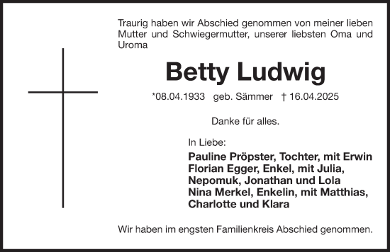 Traueranzeige von Betty Ludwig von Der Bote