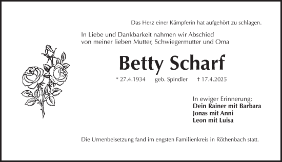 Traueranzeige von Betty Scharf von Pegnitz-Zeitung
