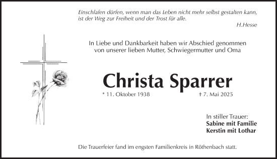 Traueranzeige von Christa Sparrer von Pegnitz-Zeitung