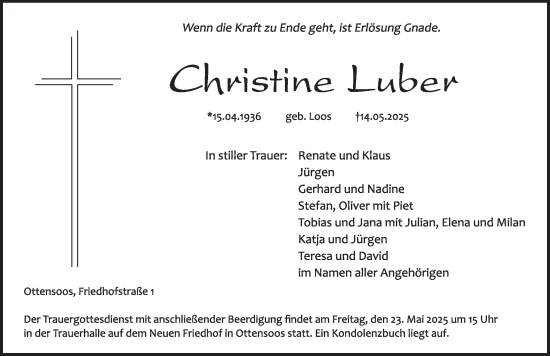 Traueranzeige von Christine Luber von Pegnitz-Zeitung