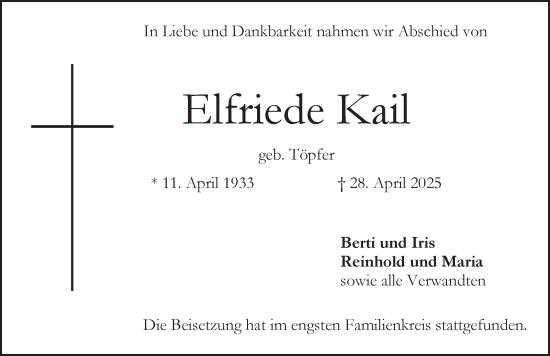 Traueranzeige von Elfriede Kail von Pegnitz-Zeitung